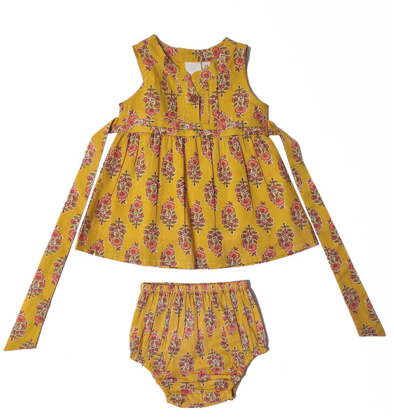 Yellow Floral Pleated Dress With Belt-Tie & Diaper Cover Set Sun Dress Yo Baby Wholesale 
