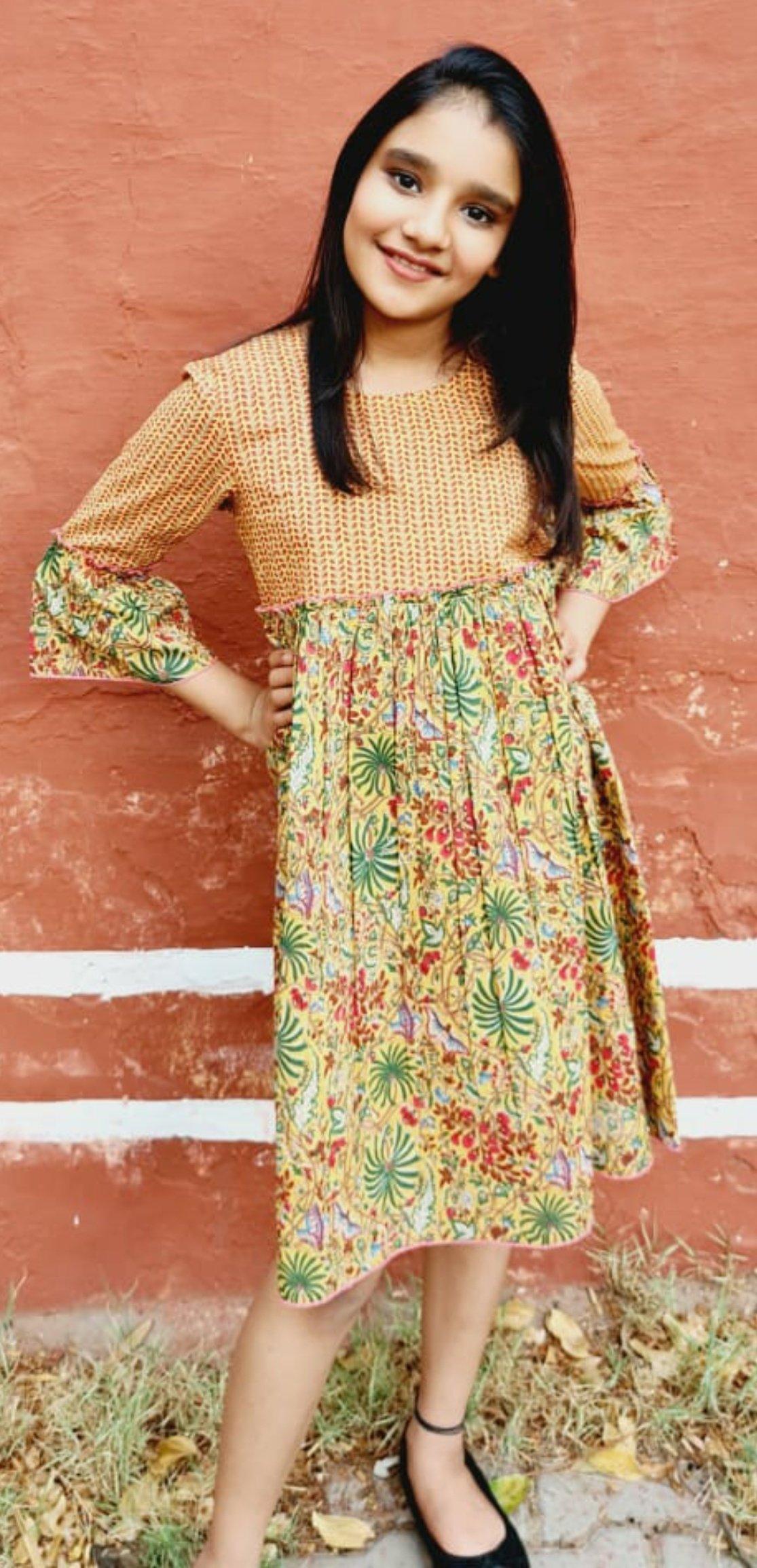 Yellow Forest Print Bell Sleeves Dress Dress Yo Baby Wholesale