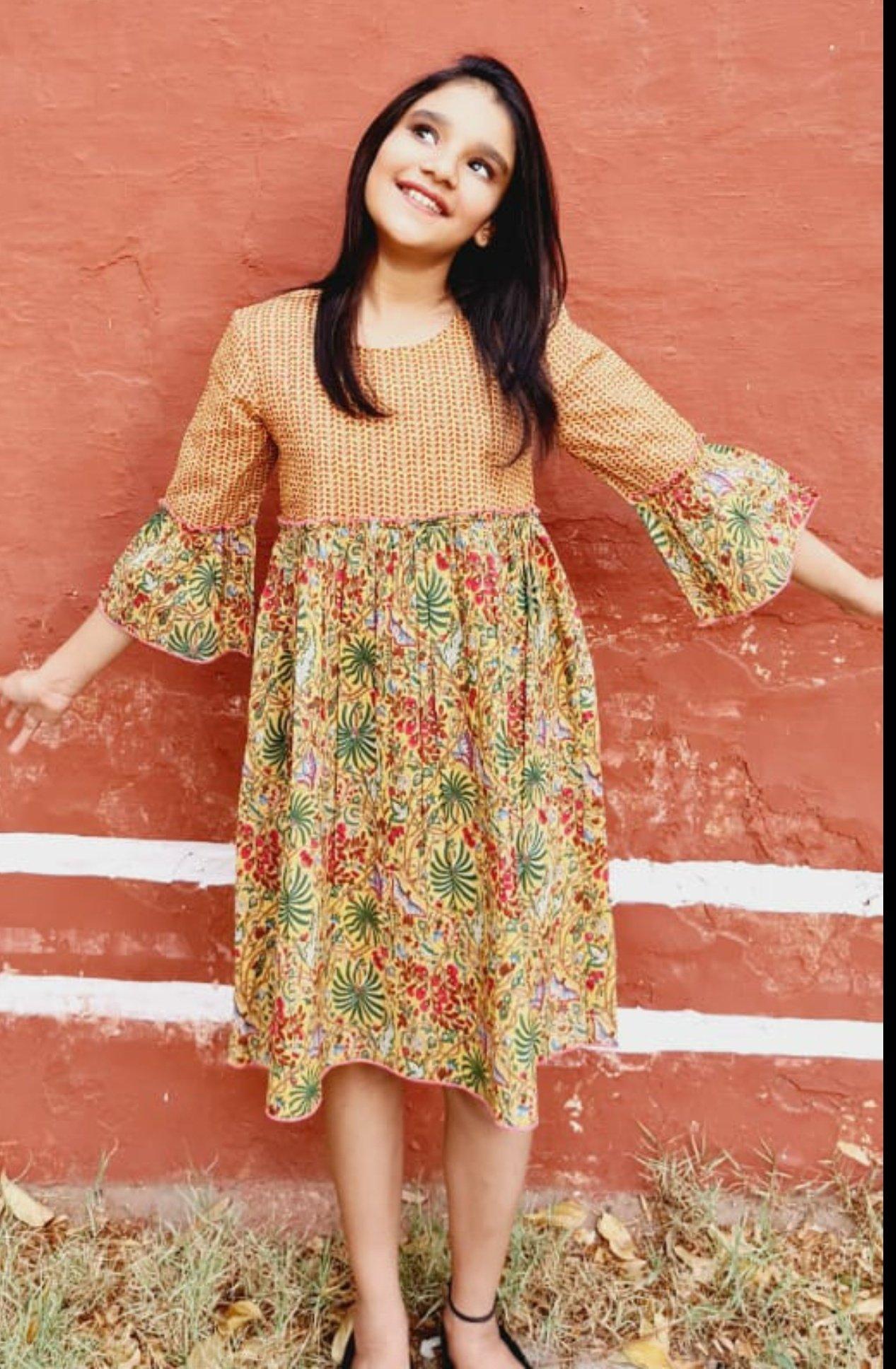 Yellow Forest Print Bell Sleeves Dress Dress Yo Baby Wholesale
