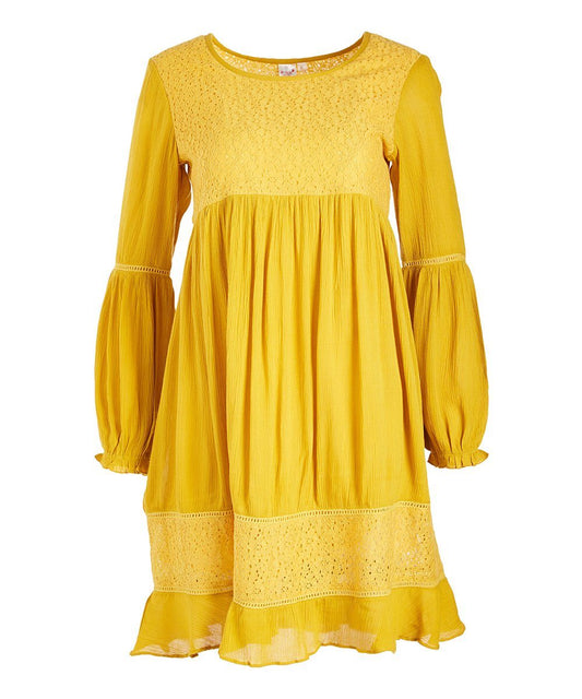 Yellow Lace-Accent Empire-Waist Dress Shirt-Dress Yo Baby Wholesale