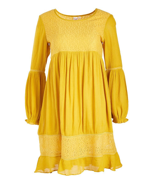 Yellow Lace-Accent Empire-Waist Dress Shirt-Dress Yo Baby Wholesale 
