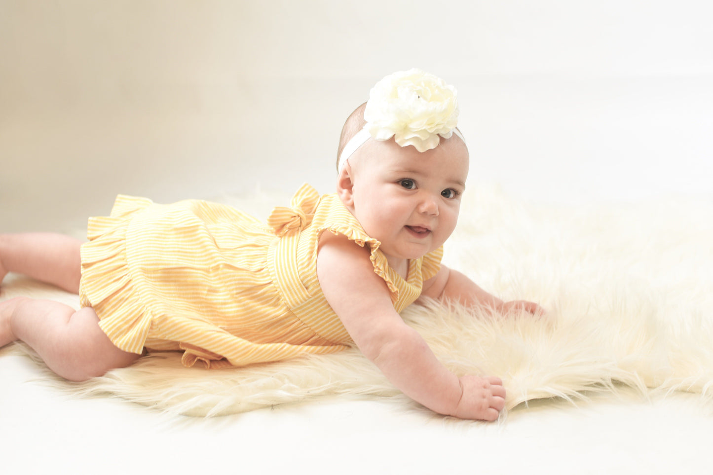Yellow Pin-Stripe Flutter-Sleeve Dress With Belt-Tie & Diaper Cover Set Sun Dress Yo Baby Wholesale