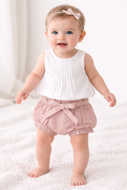 White Top & Pink Shorts Bloomer Set for Baby Girls – Newborn & Infant Outfit