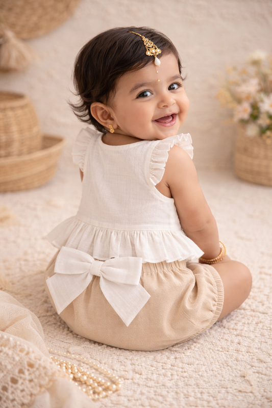 Baby Girl Top & Bow Bloomer Set – Ecru | Newborn & Infant Outfit