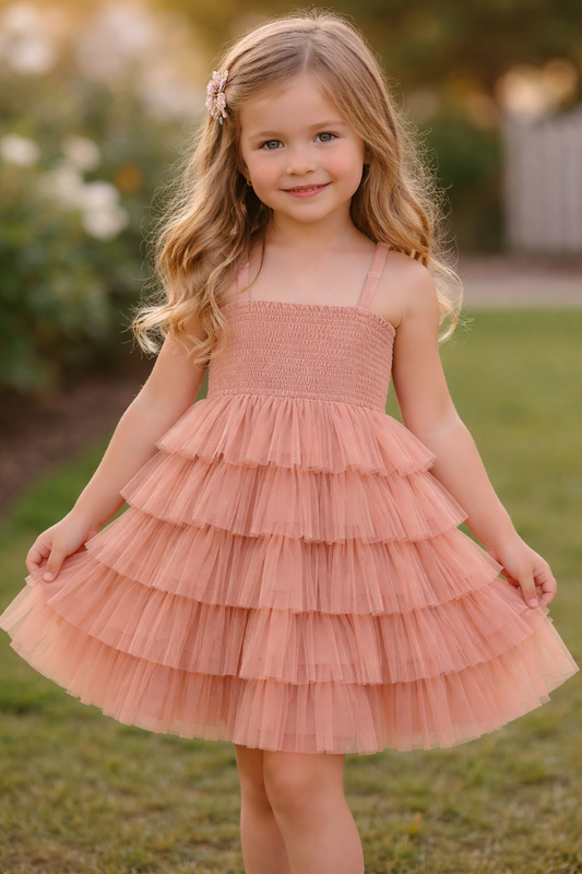 Dusty Pink Tiered Tulle Dress for Girls | Kids Party Dress with Nylon Net Frills & Adjustable Straps