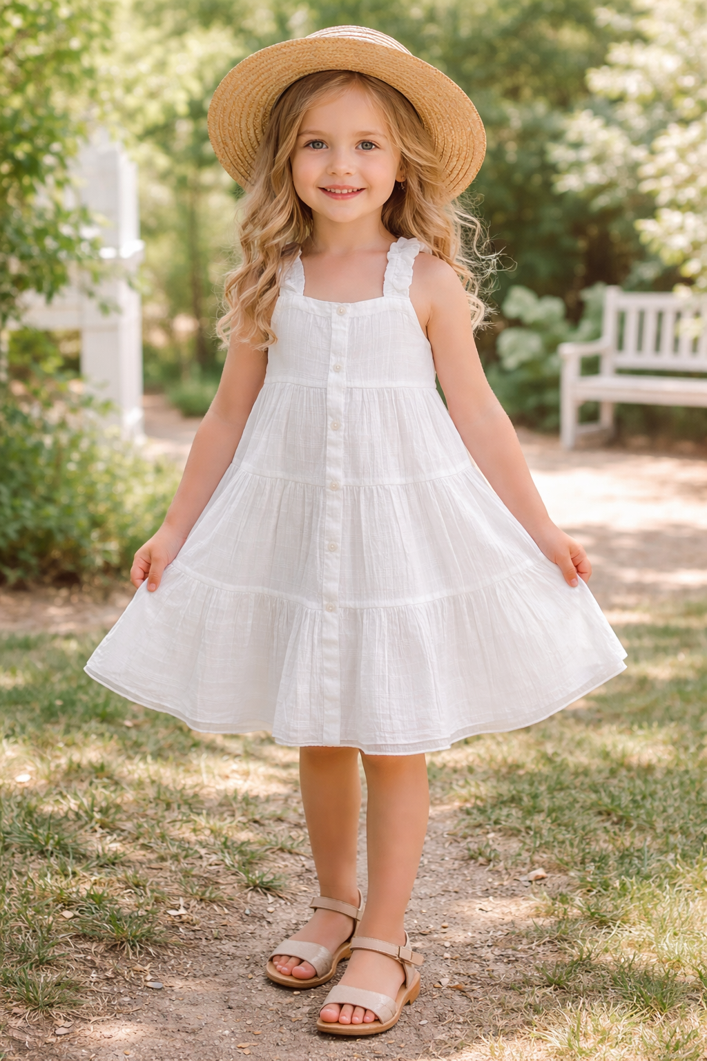 White Textured Checks Multi-Tiered Ruffle Dress