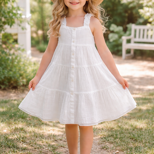 White Textured Checks Multi-Tiered Ruffle Dress