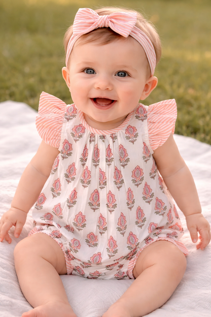 Infant Baby Bubble Dress with Coral Booty Print & Coral Stripe Ruffle