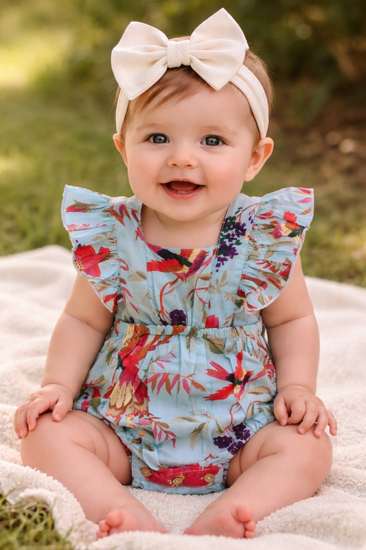 Turquoise Bird Printed Ruffled Gathered Romper – Infant Cotton Romper for Babies