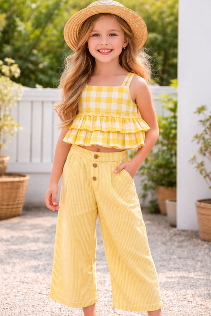Adorable 2-Piece Yellow Checks Top & Striped Pants Set for Kids & Infants