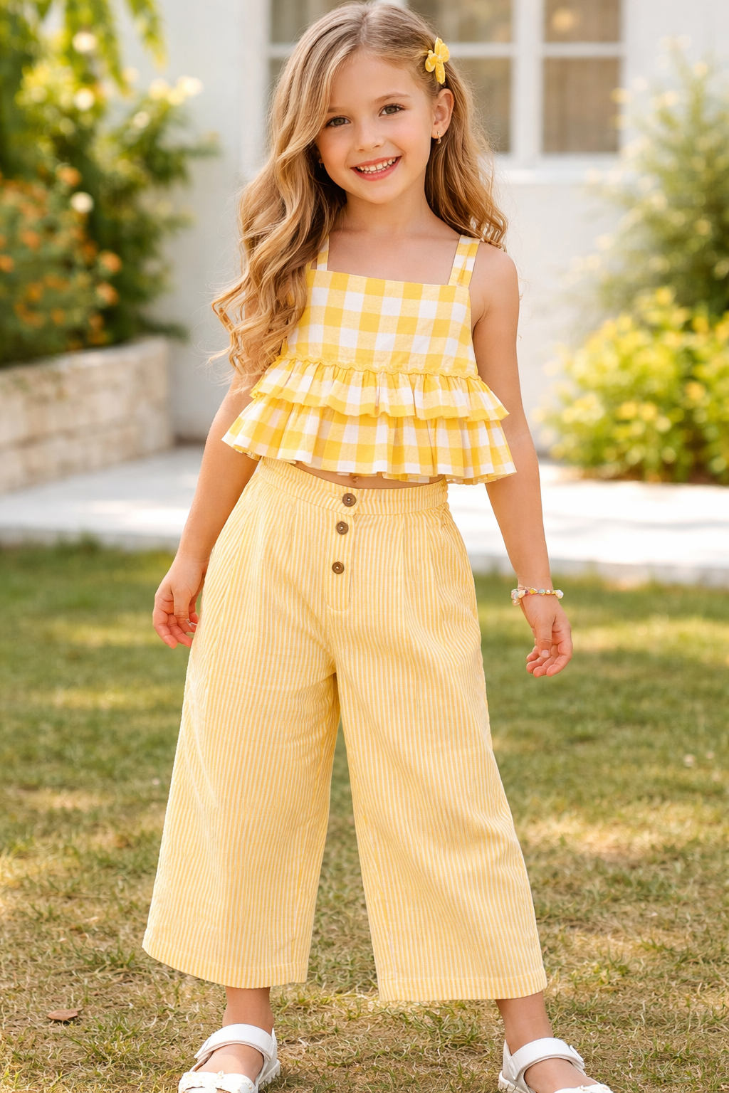 Adorable 2-Piece Yellow Checks Top & Striped Pants Set for Kids & Infants