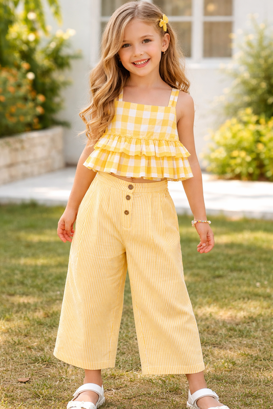 Adorable 2-Piece Yellow Checks Top & Striped Pants Set for Kids & Infants