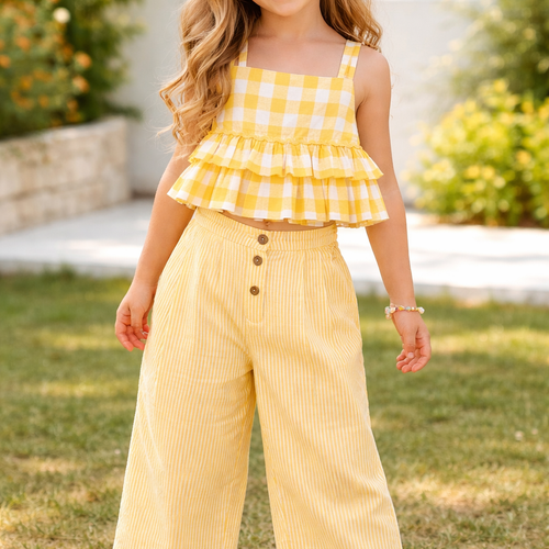 Adorable 2-Piece Yellow Checks Top & Striped Pants Set for Kids & Infants