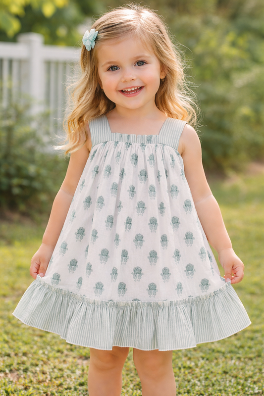 Sage Booty Print Cotton Sweetheart Neck Dress for Kids & Infants – Stripe Detail, Comfortable Fit