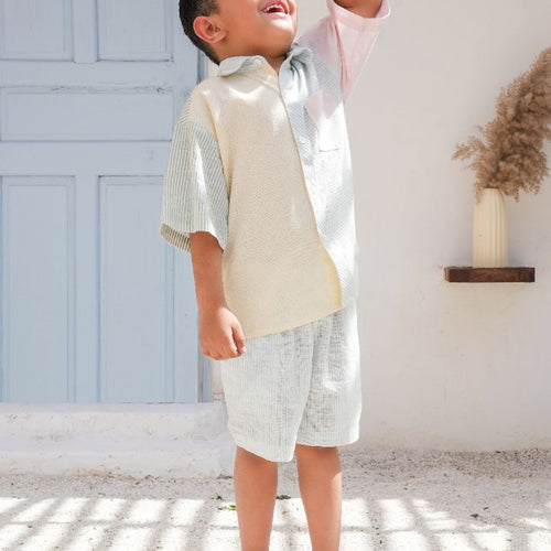 Henry Shirt & Shorts Set – Soft Pastels | Gender-Neutral Cotton Outfit with Blue Striped Shorts for Infant, Toddler & Tween