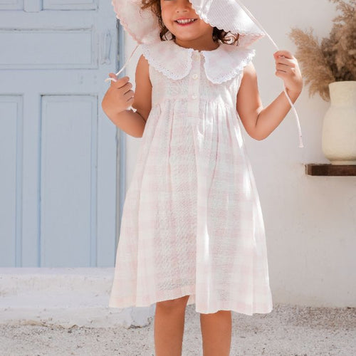 Collars Check Dress – Soft Pink | Infant, Toddler & Tween Girls Cotton Dress with Peter Pan Collar & Lace