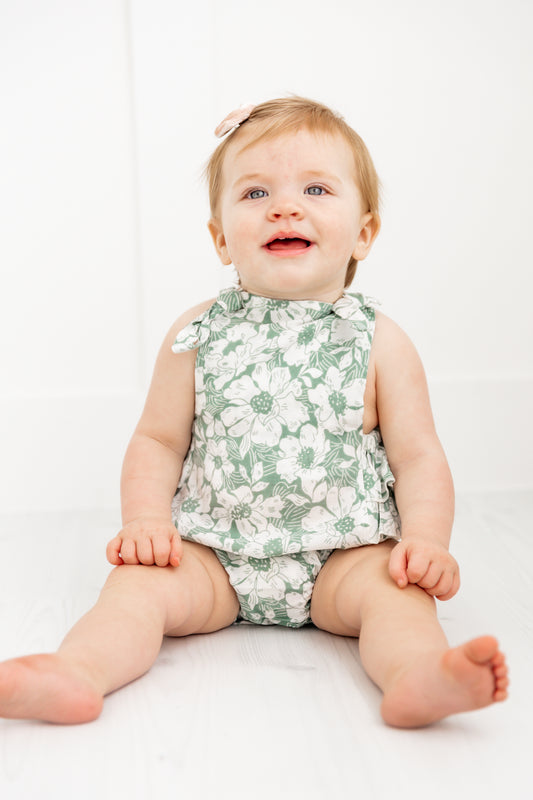 Sage-Green Floral Printed Ruffled Romper