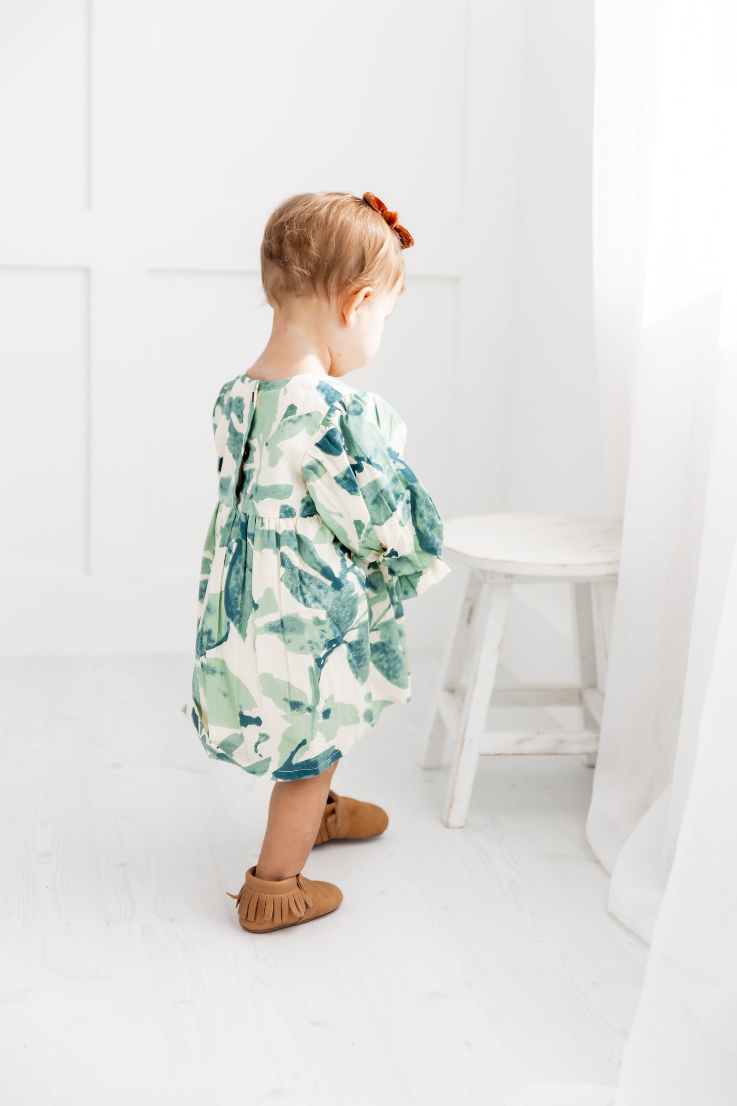 Sage-Green Leaf Printed Sleeve Gathered Dress