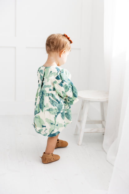 Sage-Green Leaf Printed Sleeve Gathered Dress