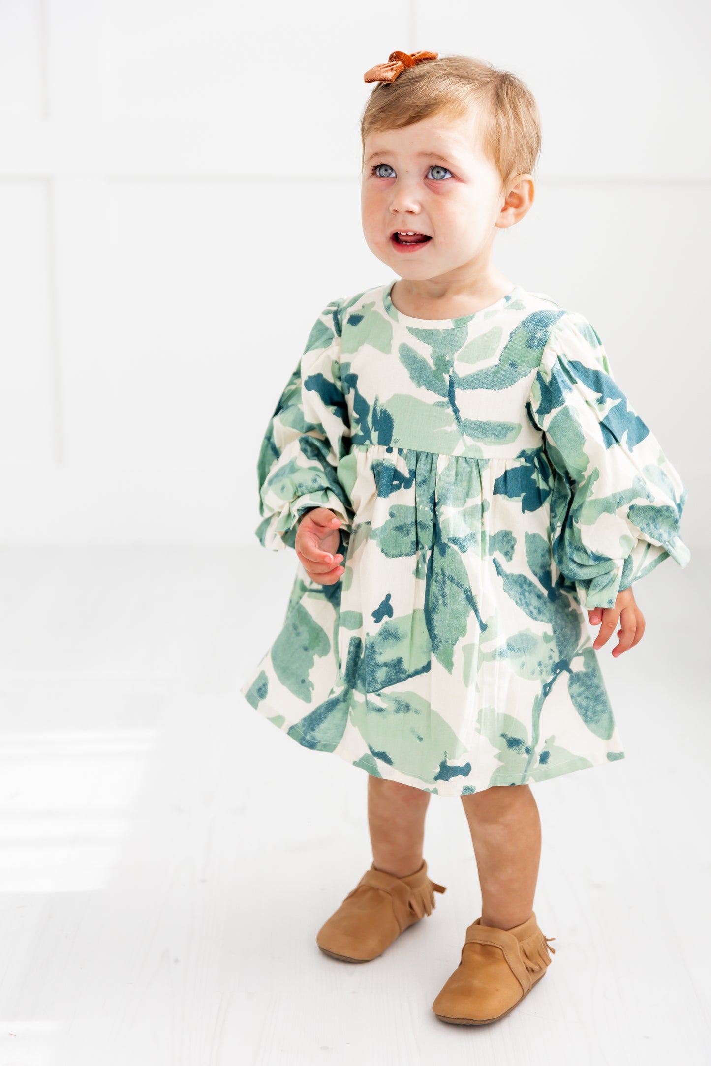 Sage-Green Leaf Printed Sleeve Gathered Dress