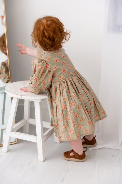 Sage-Green Floral Printed Sleeve Gathered Dress