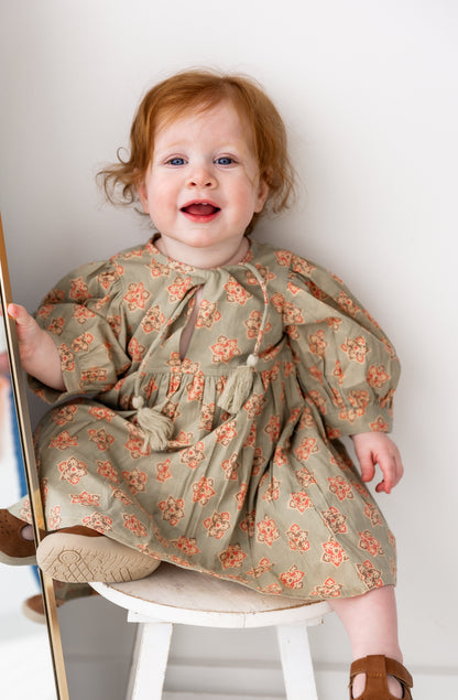 Sage-Green Floral Printed Sleeve Gathered Dress