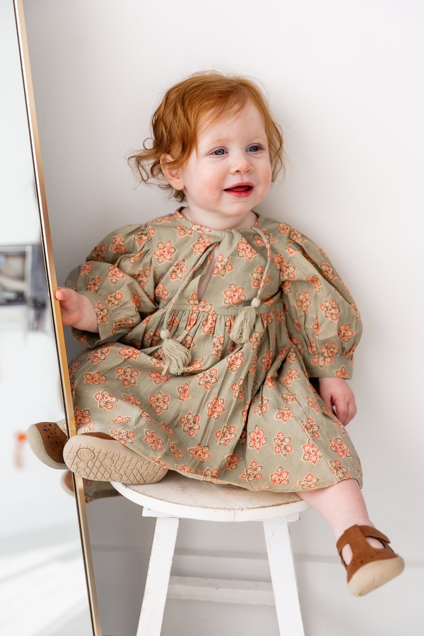 Sage-Green Floral Printed Sleeve Gathered Dress