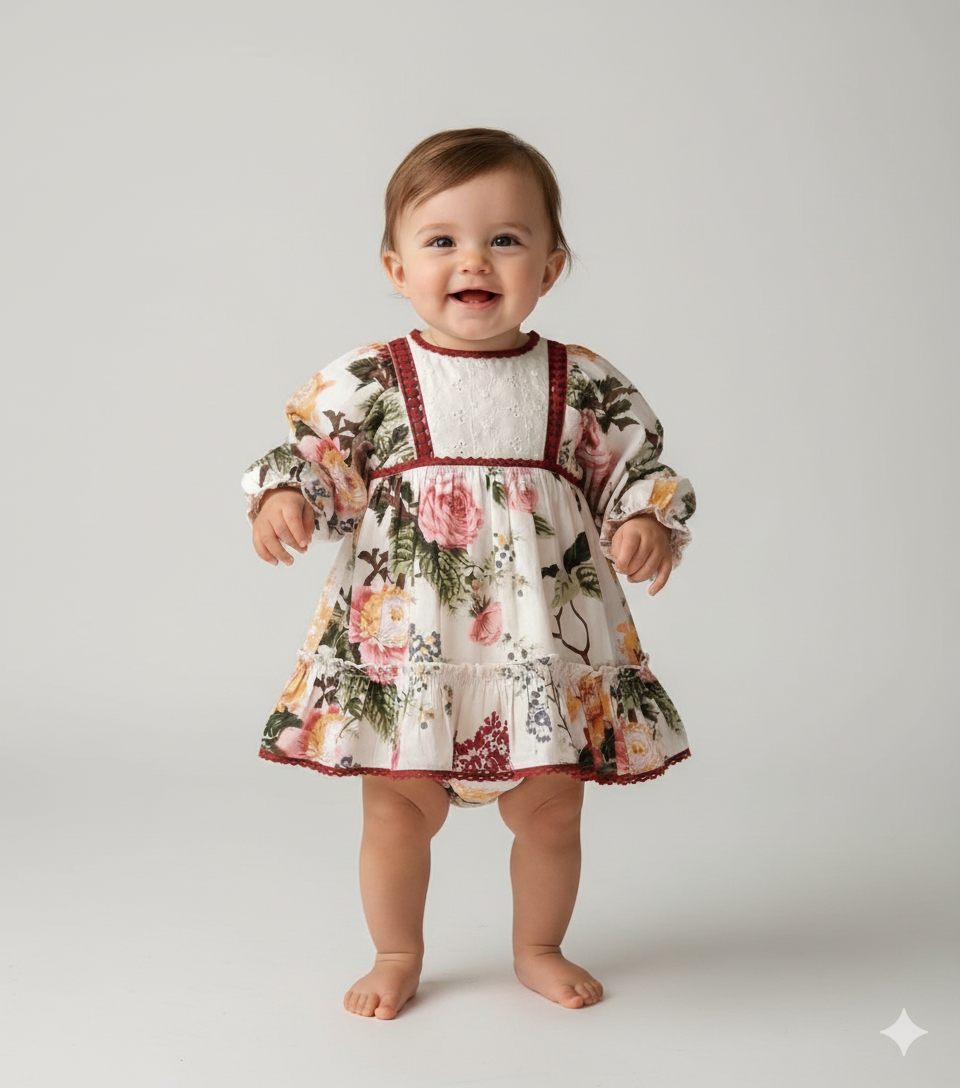 Beige Floral Maxi Dress with Lace Finish for Infants, Kids, and Women.