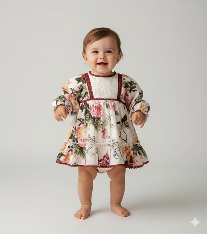 Beige Floral Maxi Dress with Lace Finish for Infants, Kids, and Women.