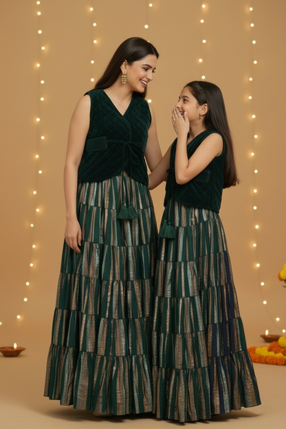 Quilted Velvet Waistcoat, Gathered Skirt & Belt Set - Bottle Green