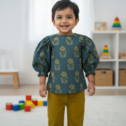 Rasa Top & Corduroy Pant Set – Moss Green | Toddler & Tween Cotton Outfit with Repurposed Coconut Shell Buttons