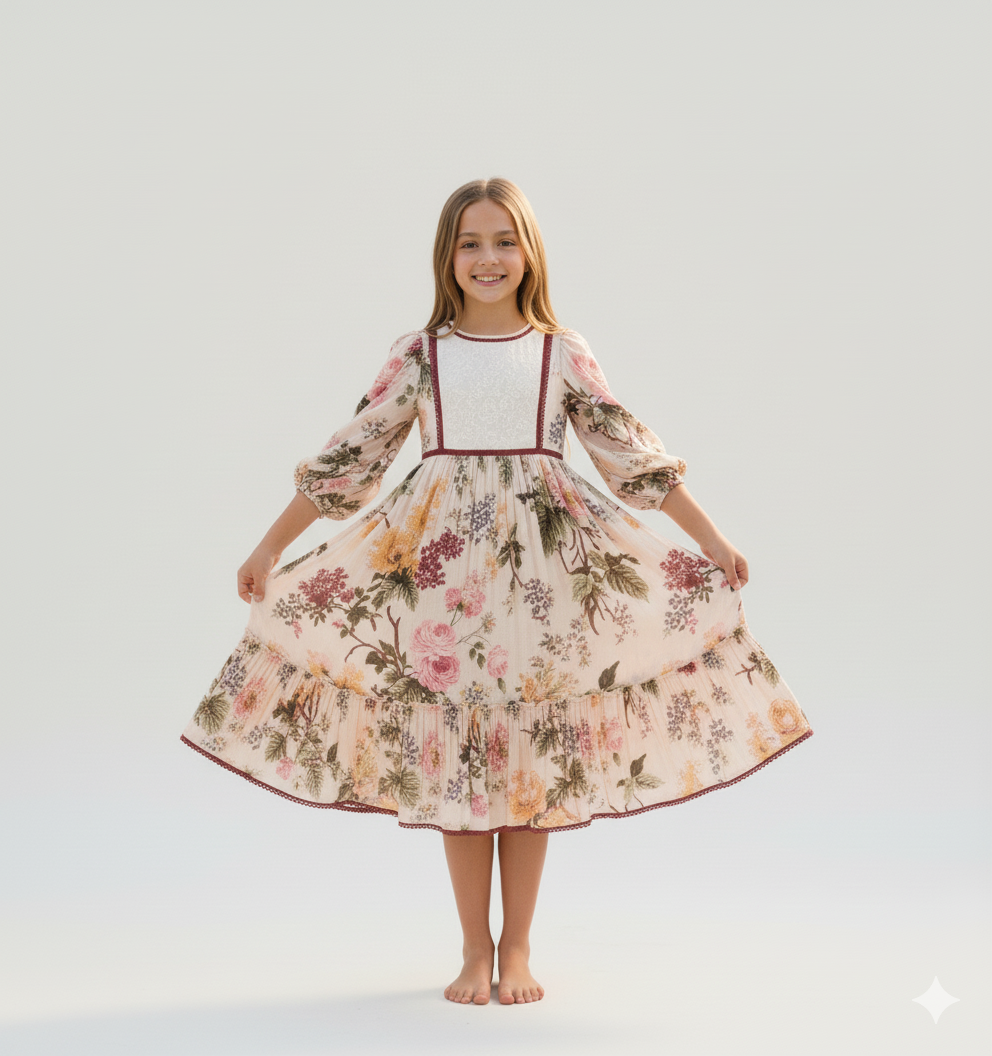 Beige Floral Maxi Dress with Lace Finish for Infants, Kids, and Women.