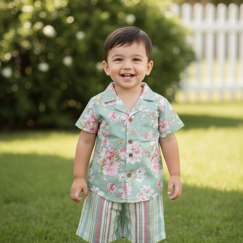 Unisex Kids Green Floral Cotton Shirt & Striped Shorts Set | Boys & Girls Summer Outfit