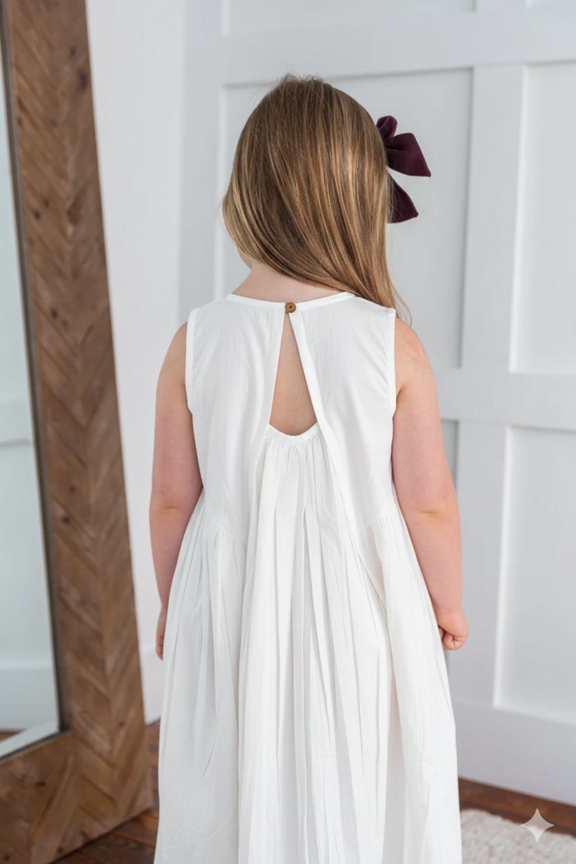 White Heart Dobby Pintuck Gathered Dress – 100% Cotton Fully Lined Dress with Coconut Buttons & Bloomer for Infants, Toddlers & Girls