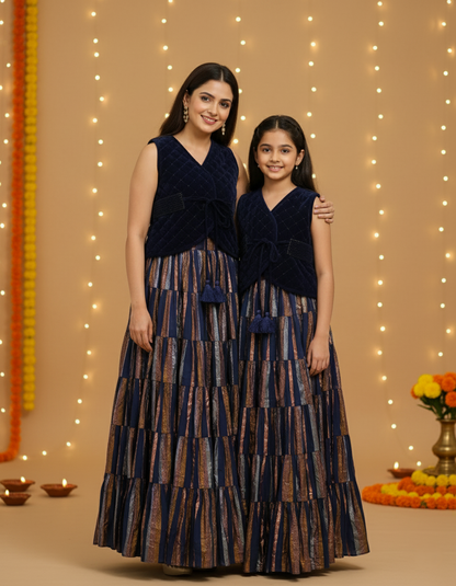 Quilted Velvet Waistcoat, Gathered Skirt & Belt Set - Navy