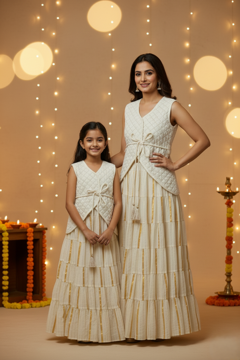 Quilted Velvet Waistcoat, Gathered Skirt & Belt Set - Ivory