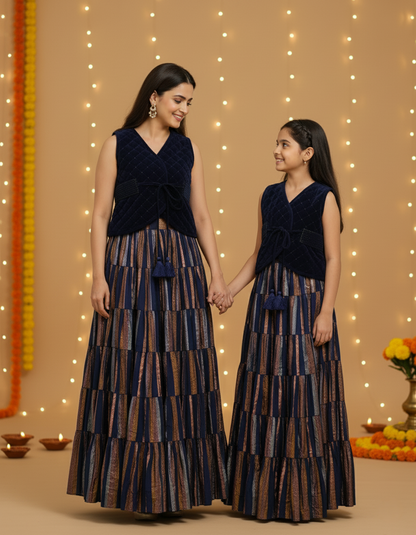 Quilted Velvet Waistcoat, Gathered Skirt & Belt Set - Navy