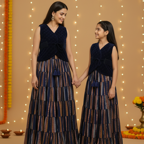 Navy Quilted Velvet Waistcoat, Gathered Skirt & Belt Set