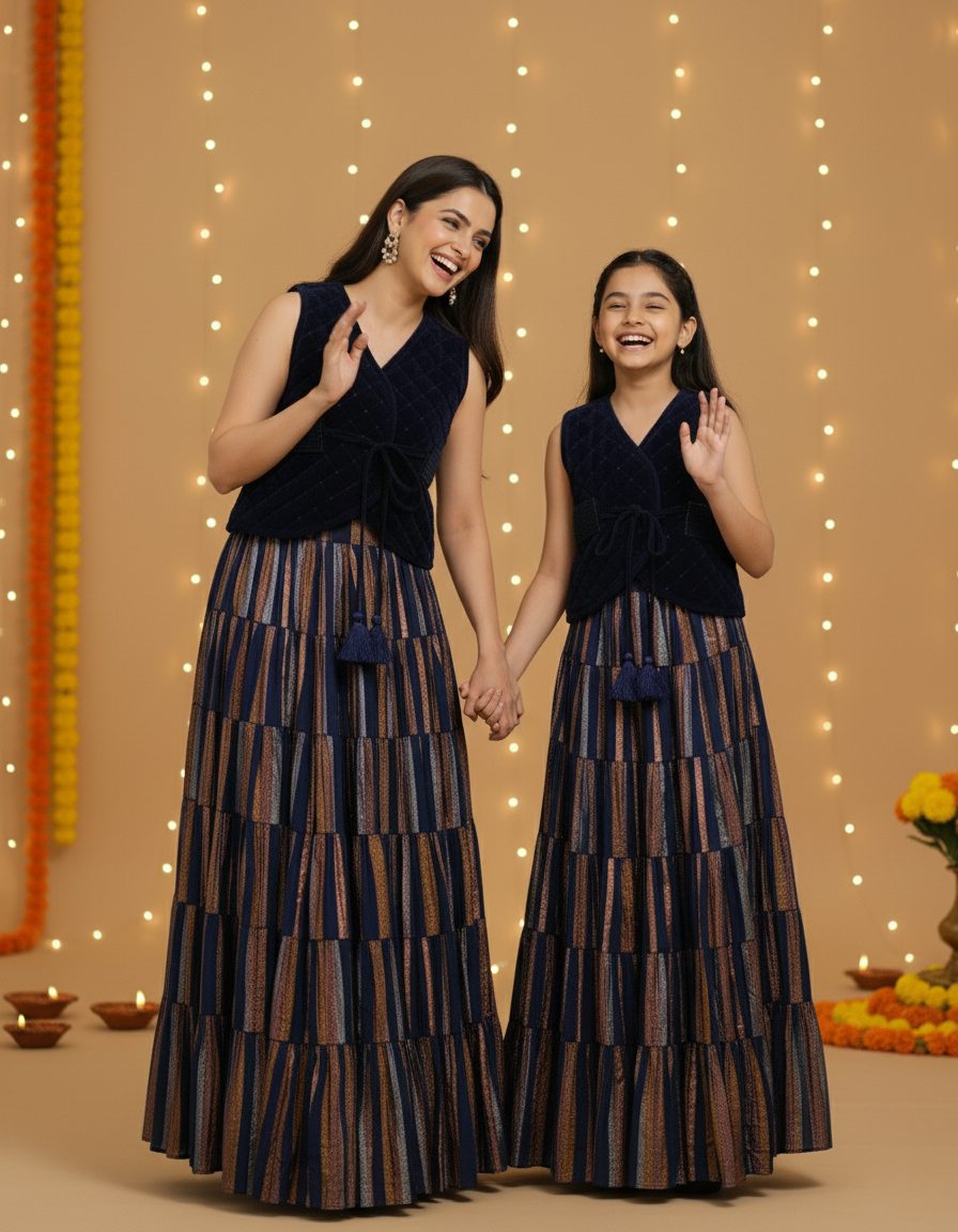 Quilted Velvet Waistcoat, Gathered Skirt & Belt Set - Navy