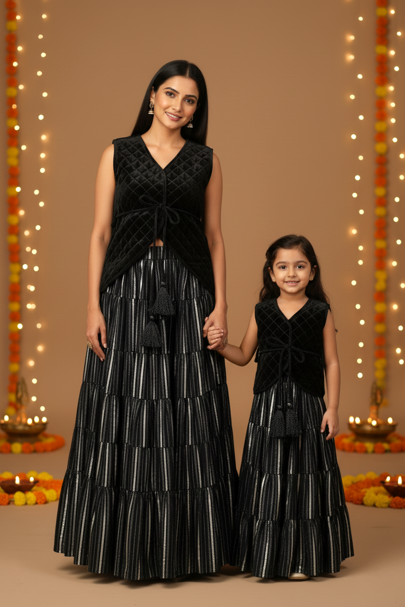 Quilted Velvet Waistcoat, Gathered Skirt & Belt Set -Black
