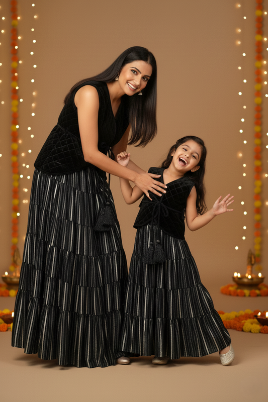 Quilted Velvet Waistcoat, Gathered Skirt & Belt Set -Black