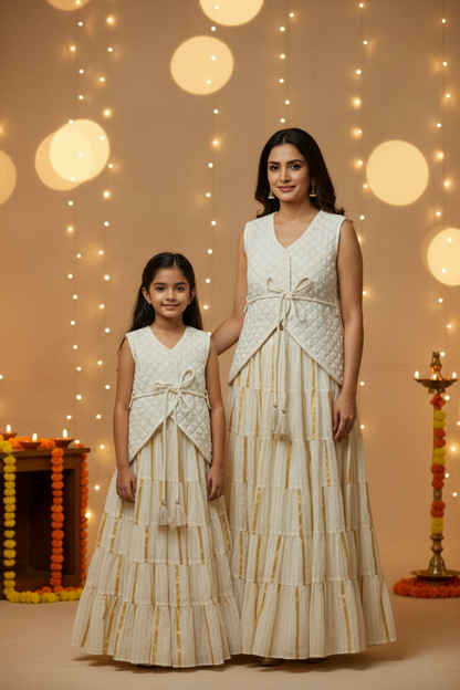 Quilted Velvet Waistcoat, Gathered Skirt & Belt Set - Ivory