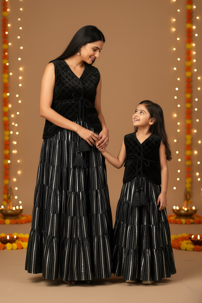 Quilted Velvet Waistcoat, Gathered Skirt & Belt Set -Black