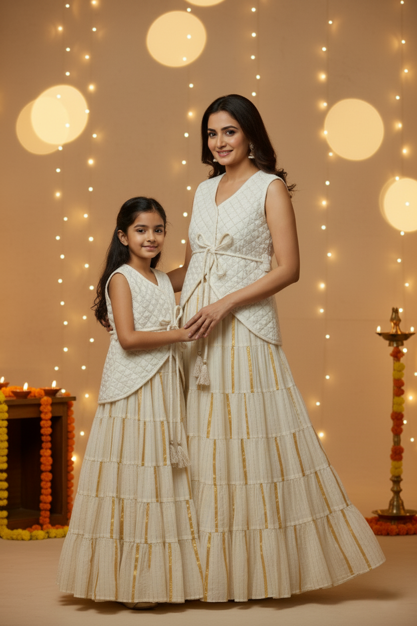 Quilted Velvet Waistcoat, Gathered Skirt & Belt Set - Ivory