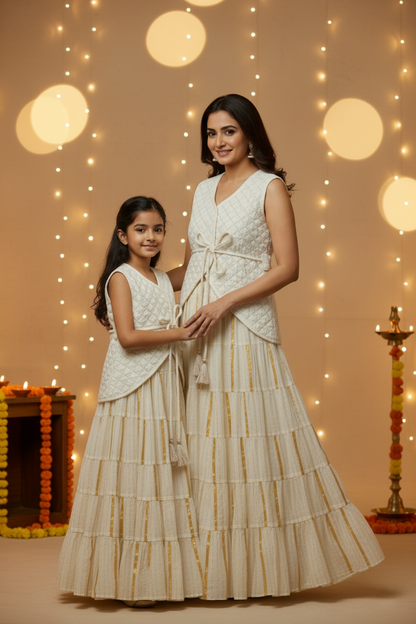 Quilted Velvet Waistcoat, Gathered Skirt & Belt Set - Ivory