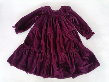 Burgundy Solid Tiered Long Sleeve Dress – 100% Viscose Velvet Baby Girl Dress with Matching Big Sister Outfit