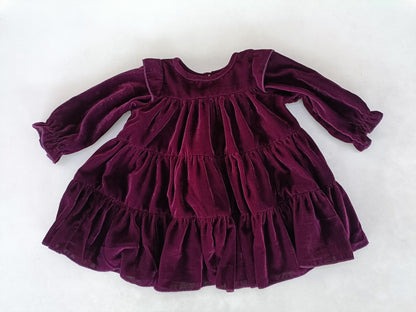 Burgundy Solid Tiered Long Sleeve Dress – 100% Viscose Velvet Baby Girl Dress with Matching Big Sister Outfit