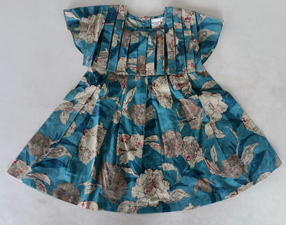 Turquoise Floral Printed Box Pleated Dress