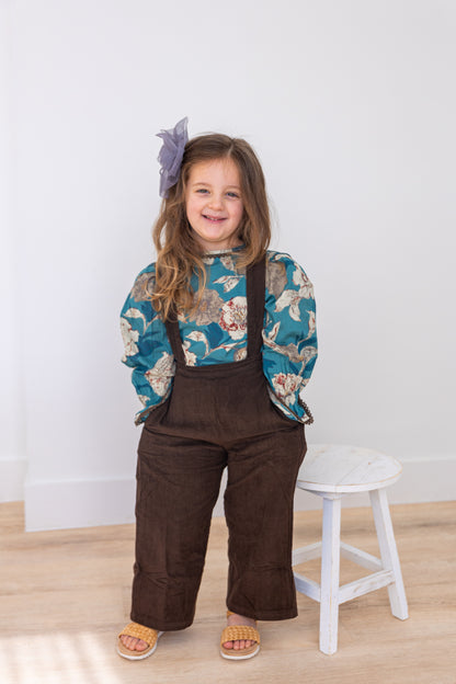 Turquoise Floral Printed Top & Brown Corduroy Pant Set