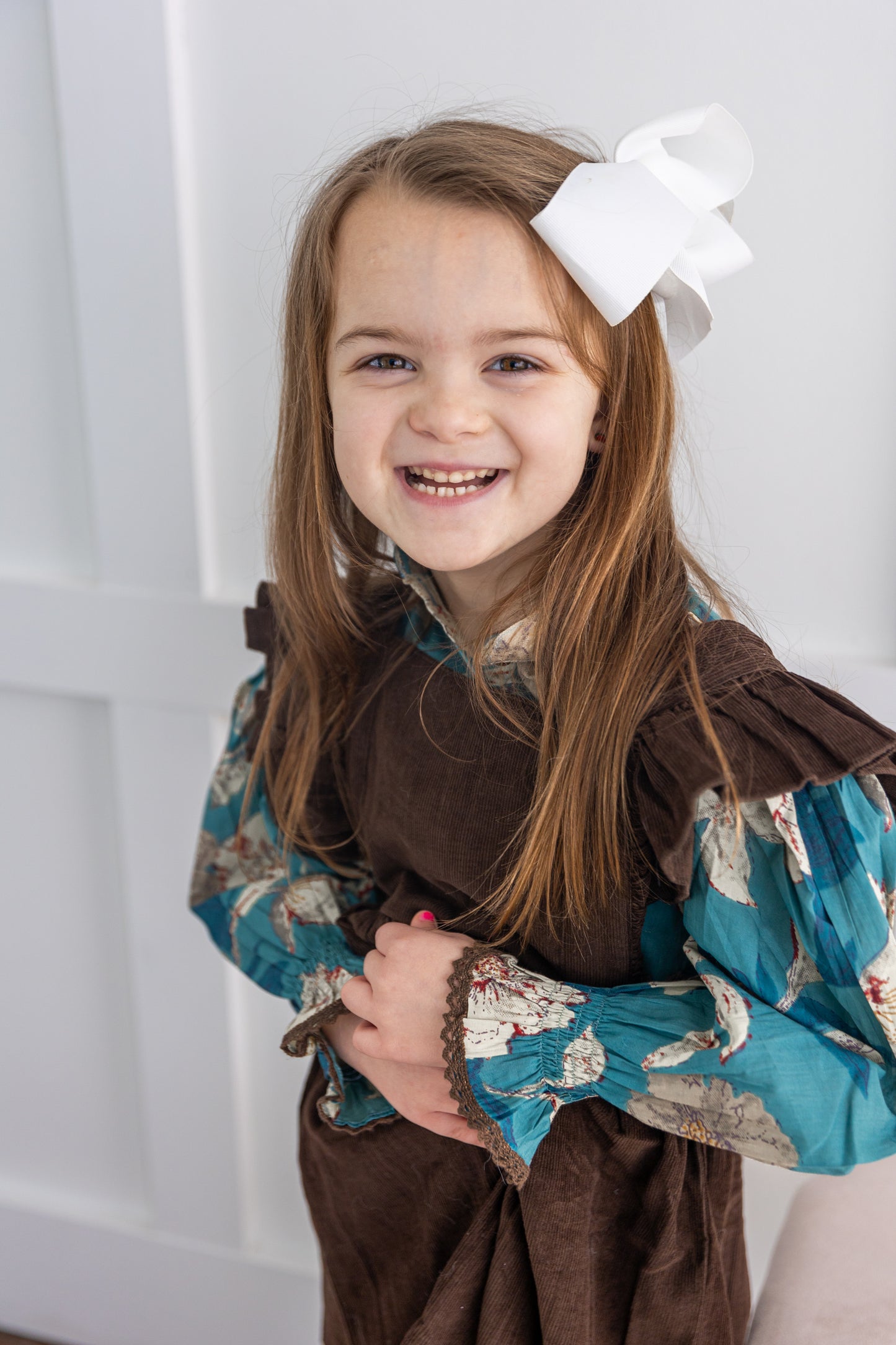 Turquoise Floral Printed Top & Brown Corduroy Dress Set